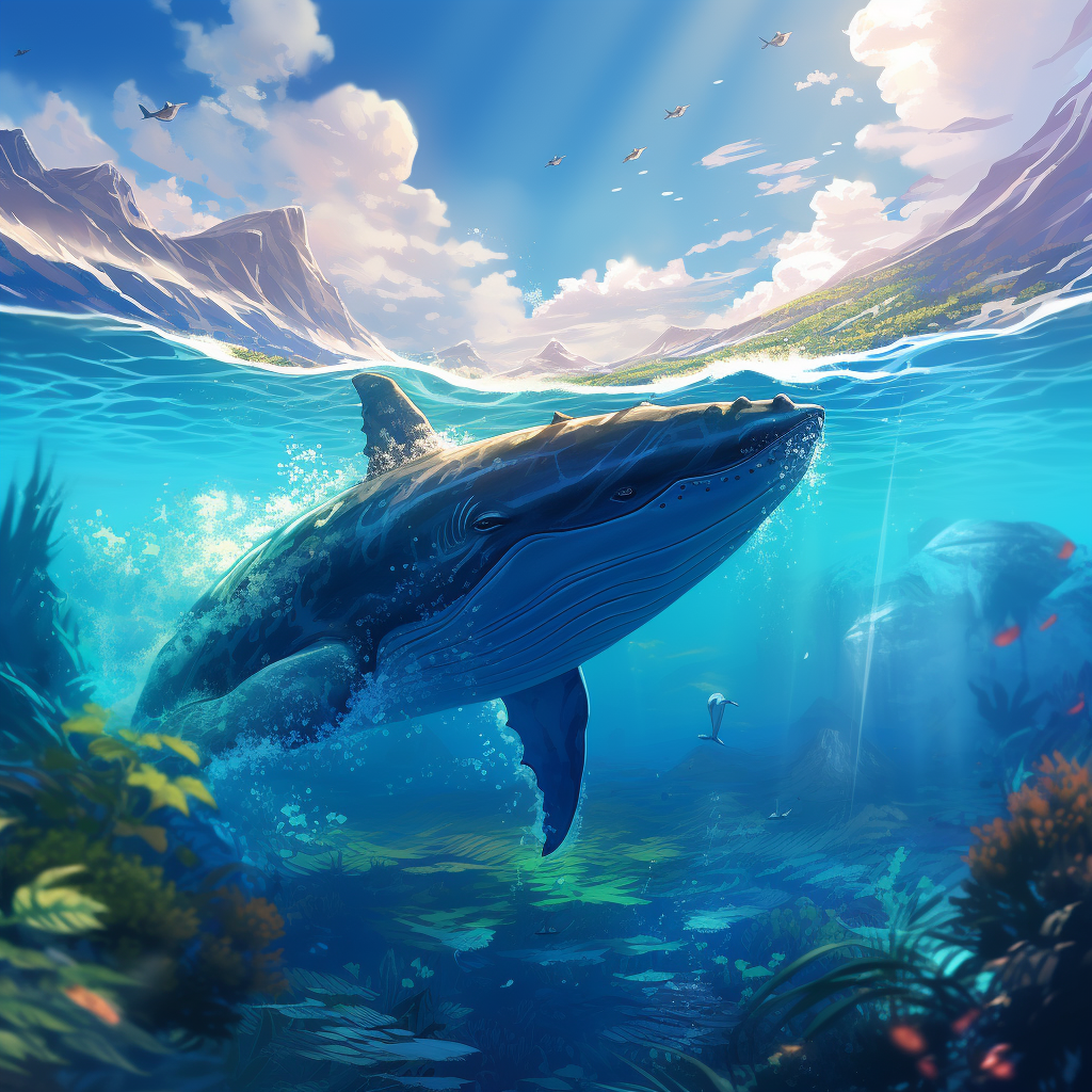 anime background, beautiful blue ocean, Hawaii, big whale coming out